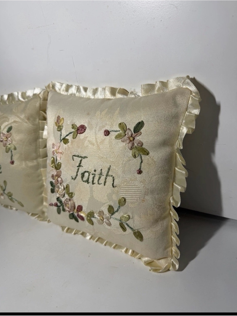 Embroidered "Love" and "Faith" Satin-Trim Accent Pillow Pair - Cream - Picture 3 of 12
